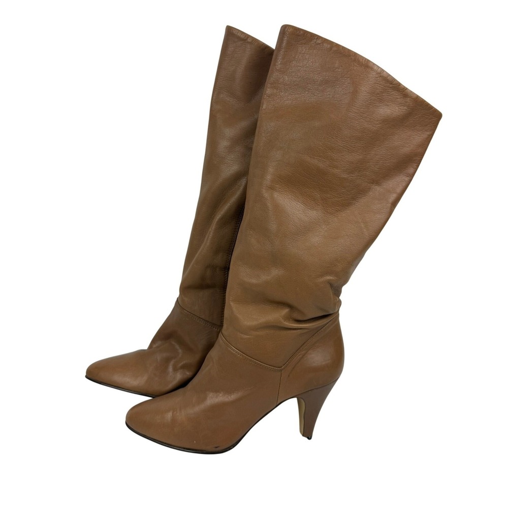 Vintage Women Tan Leather Slouchy Tall Boots Pointed Toe Cone Heel Size 8.5M